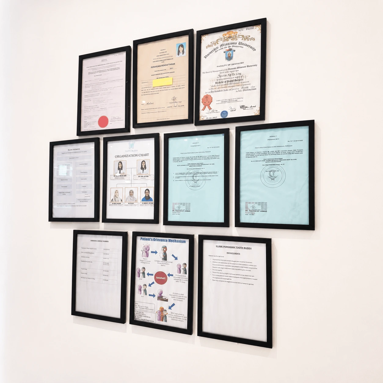 Professional certificates displayed at Tooth Buddy Dental Clinic Bandar Sungai Long